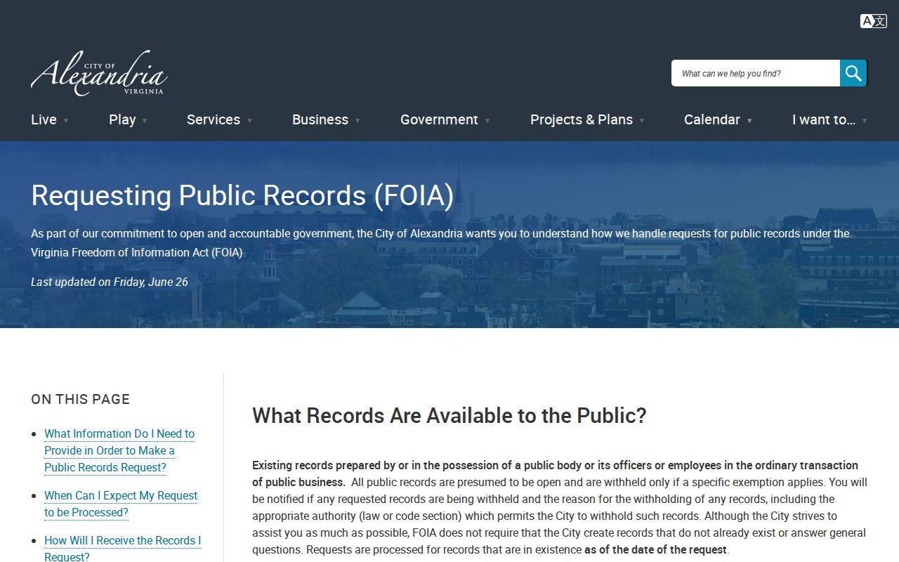 Alexandria County released inmate record request page