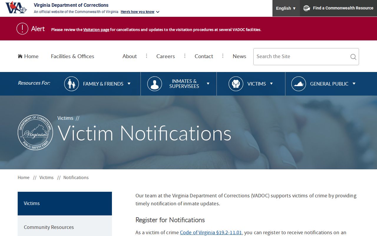 VADOC NAAVI notification information for an Alexandria inmate transferred to state custody