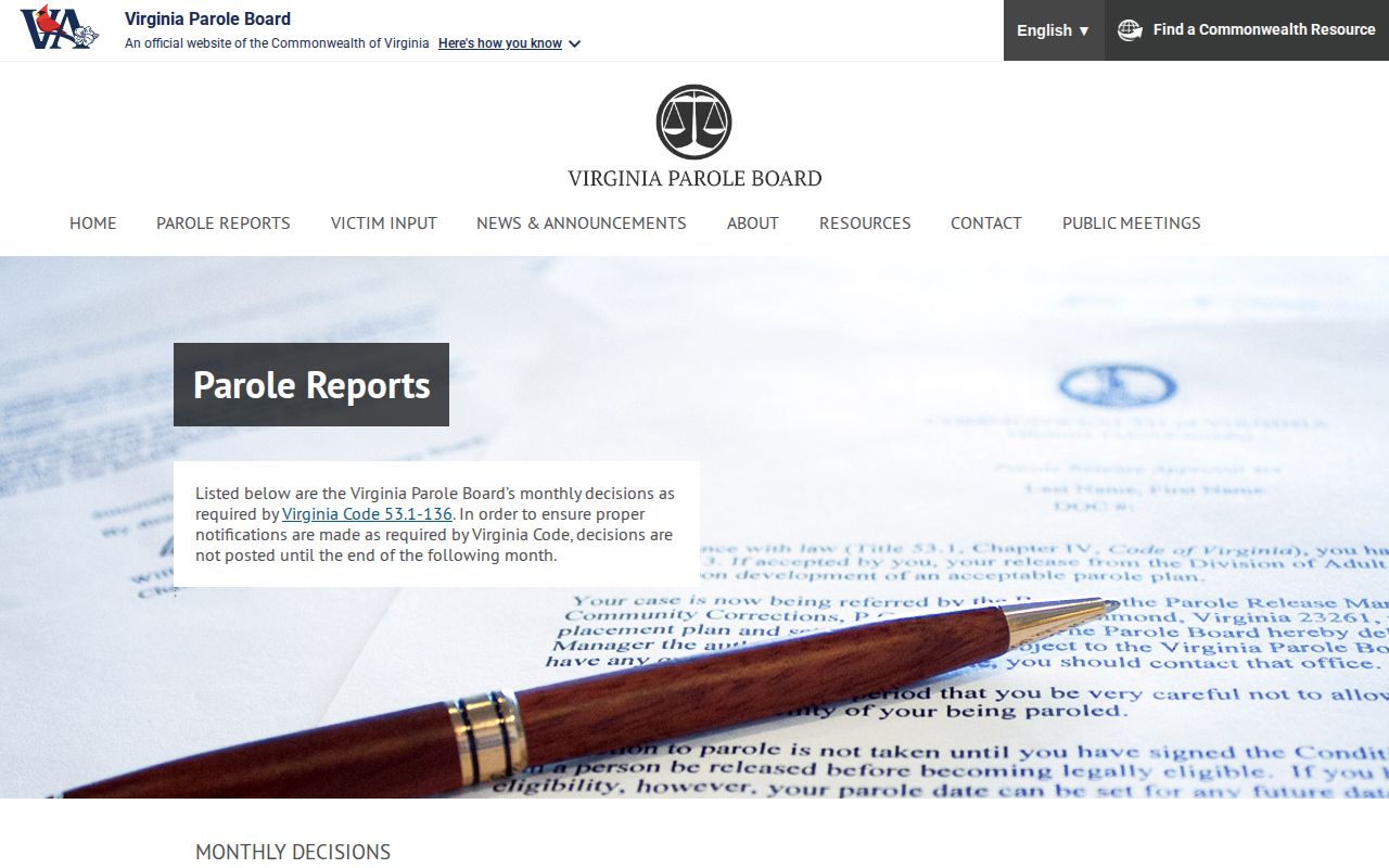 Virginia Parole Board decision reports for Alexandria post-release supervision